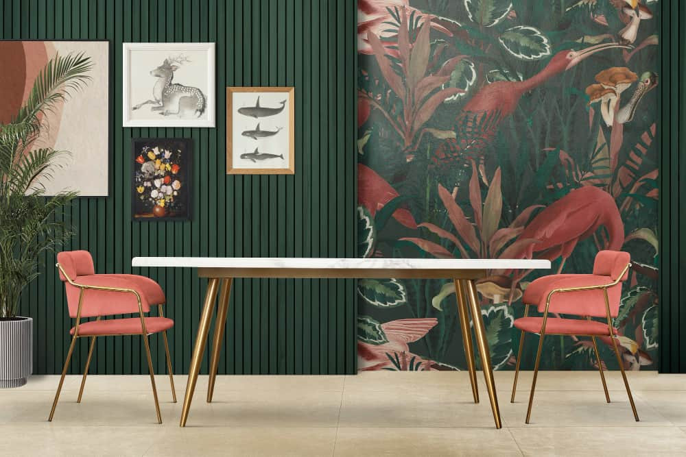 Stilul eclectic in design interior - idei de amenajare in stilul electic- pereti cu tapet, masa si scaune