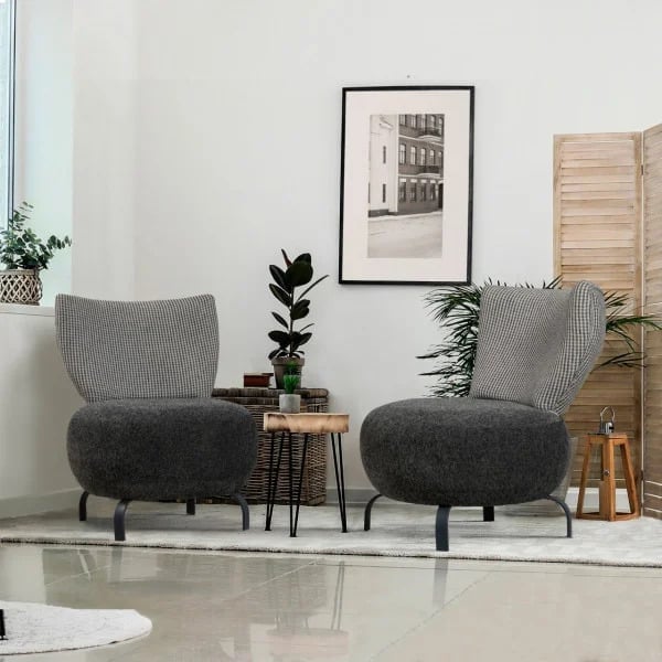Stilul minimalist in design interior - idei practice de amenajare in stilul minimalist - 2 fotolii gri inchis, masa de cafea