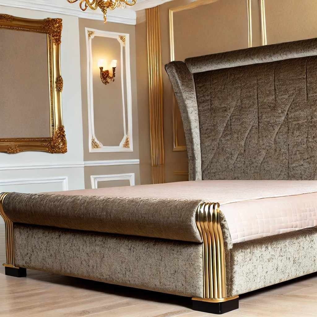 Pat tapițat cu tăblie înaltă, într-un decor elegant și luxos