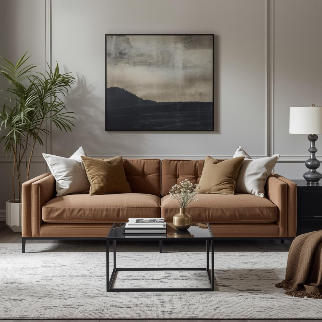 Canapea cu design modern și aspect elegant amplasată într-un living, fără accent pe confort