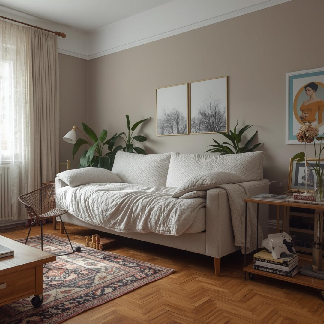 Canapea extensibilă prea mare amplasată într-un living mic, cu spațiu de circulație redus