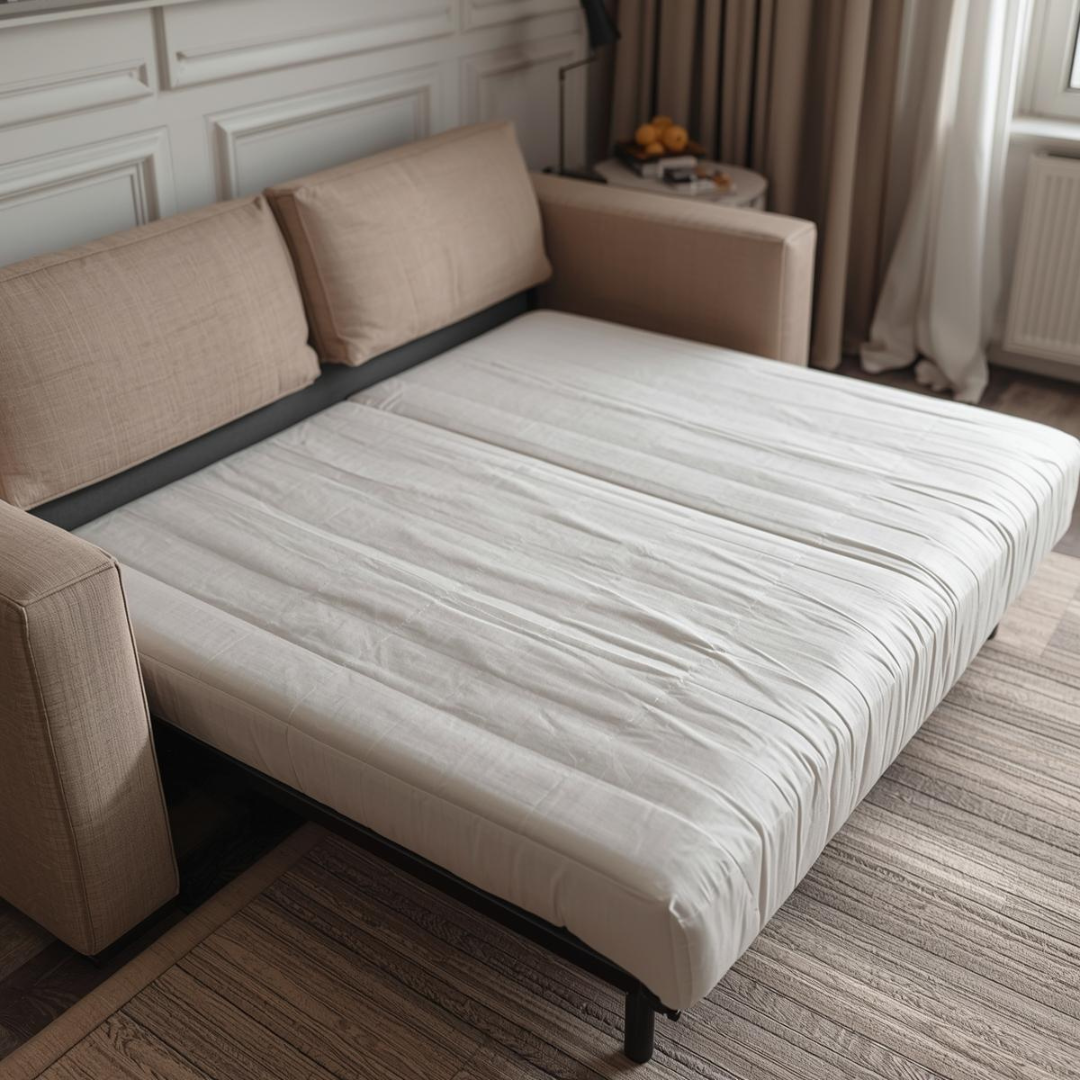 Canapea extensibilă desfăcută în poziție de dormit, cu suprafață neuniformă și spațiu limitat