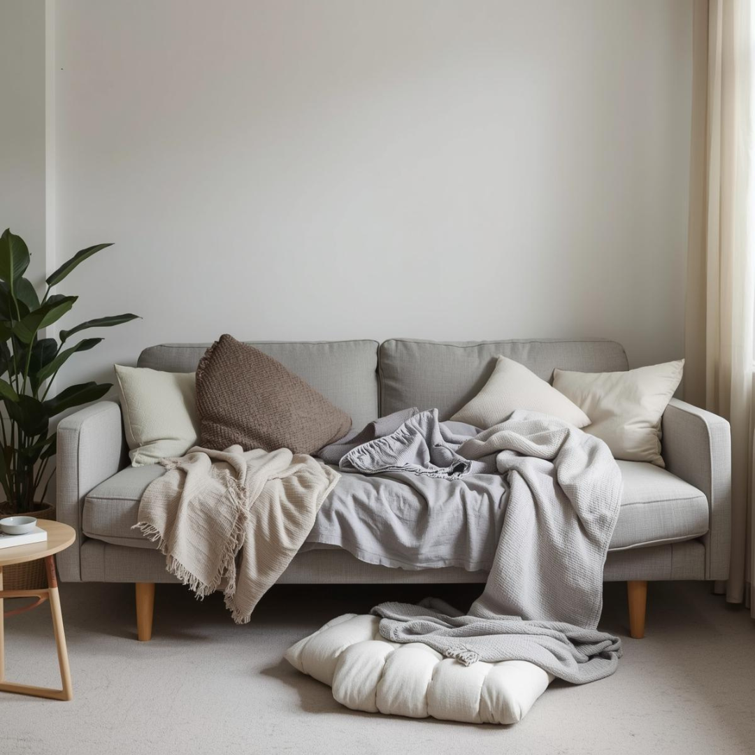 Living dezordonat cu perne și pături depozitate lângă canapea extensibilă fără ladă