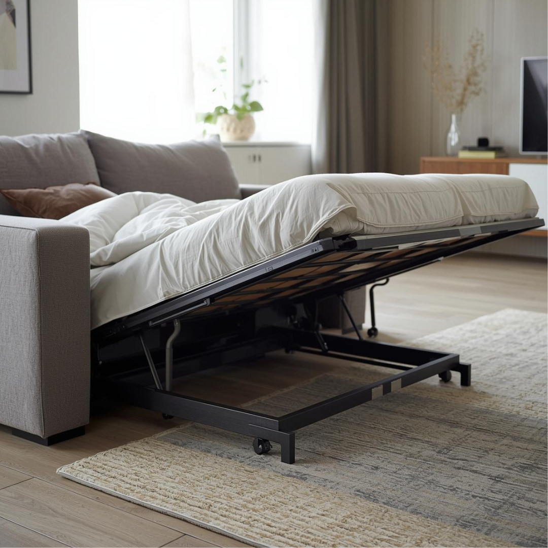 Canapea extensibilă cu mecanism de deschidere vizibil și dificil de utilizat într-un living modern