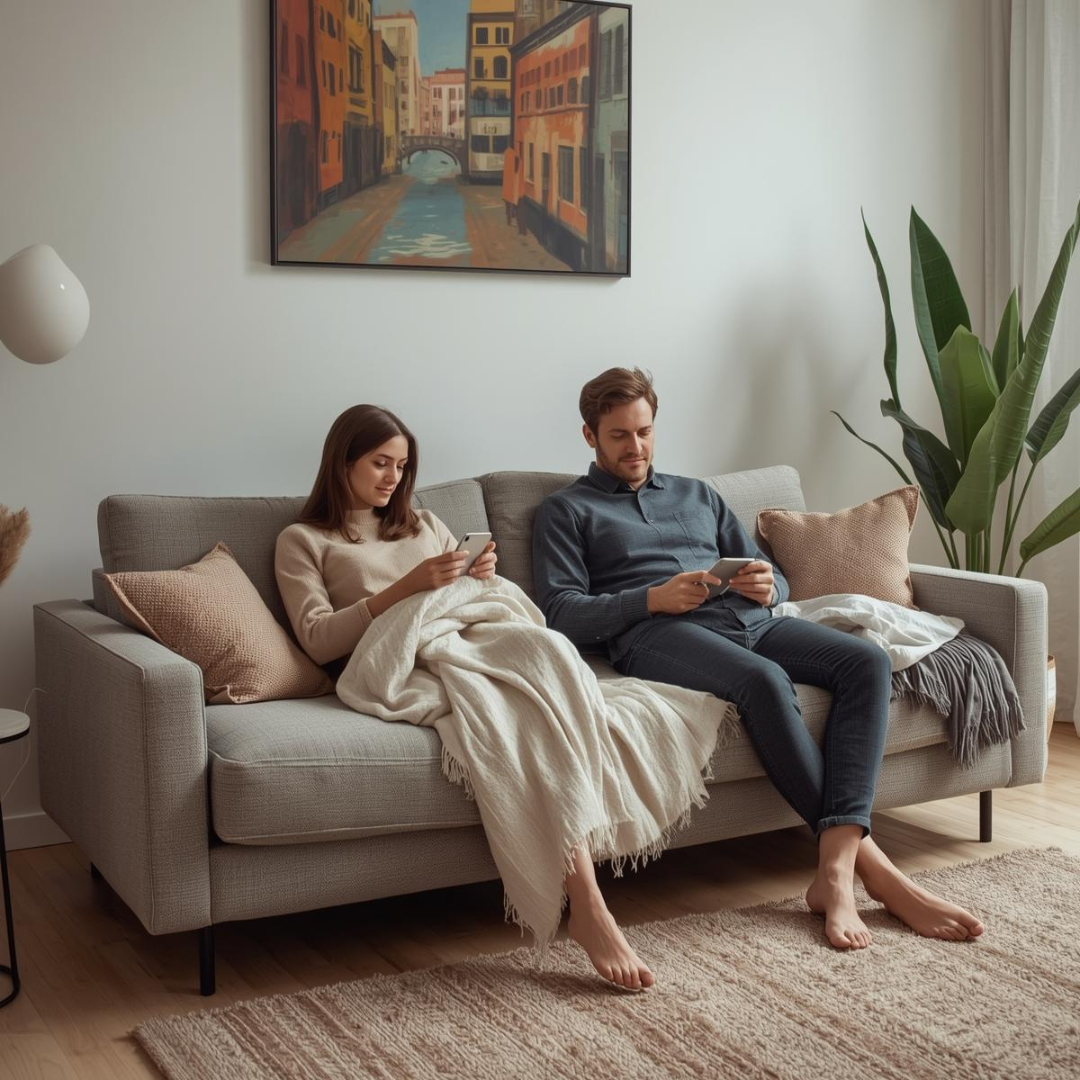 Canapea extensibilă utilizată zilnic într-un living, cu perne și pături folosite frecvent