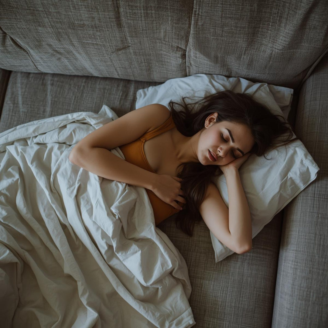 Persoană întinsă pe o canapea extensibilă inconfortabilă, cu poziție de dormit neadecvată