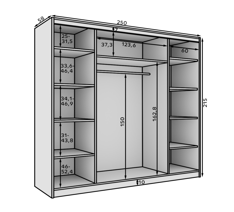 Dulap cu usi glisante, 250x58x215 cm, Andy 250, ADRK Furniture