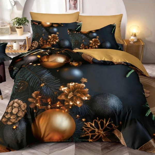 🎄 Lenjerie de Pat 6 Piese Crăciun Negru & Auriu | Globuri și Conuri de Brad | Imprimeu Digital 5D | Finet | Jojo Home