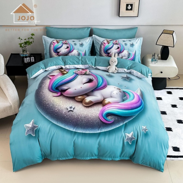 🦄 Lenjerie de Pat 6 Piese Bleu | Unicorn Adormit pe Lună | Imprimeu Digital 5D | Finet Catifelat | Jojo Home