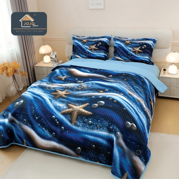 Cuvertură de Pat Matlasată 5D Crăciun Albastru | Stele Aurii | 3 Piese | Finet Catifelat | PatulMeu
