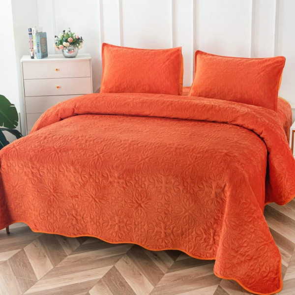 Cuvertura de pat si 2 fete de perne, catifea, pat dublu, 3 piese, portocaliu, CCP-09 - Img 1