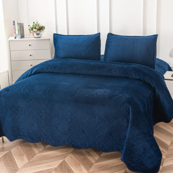 Cuvertura de pat si 2 fete de perne, catifea, Uni, pat dublu, bleumarin, CCP-05 - Img 1