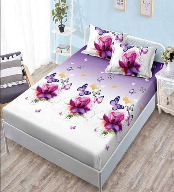 Husa de Pat cu Elastic + 2 Fete de Perna pentru Pat Dublu, Finet, Flori si Fluturi, HBFJ-115