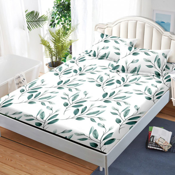 Husa de pat cu elastic si 2 fete de perna, bumbac finet, pat 2 persoane, alb / verde, HBFJ-196