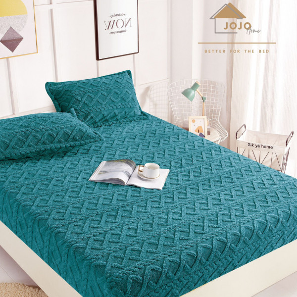 Husa de pat cu elastic si 2 fete de perna, Cocolino tip jacquard, uni, pat 2 persoane, turquoise, HPC-07 - Img 1