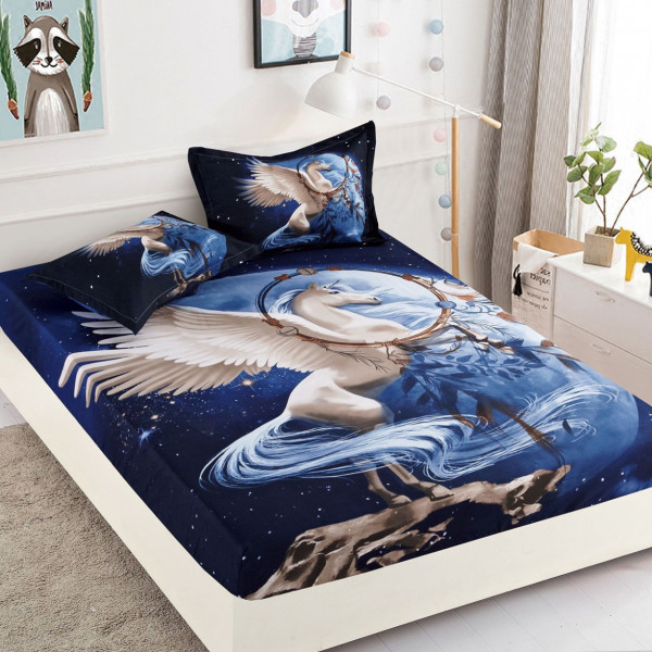 Husa de pat cu elastic si 2 fete de perna, imprimeu 3d, bumbac tip finet, pat 2 persoane, alb / albastru, HBF-210