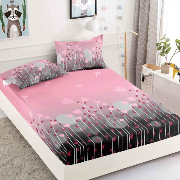 Husa de pat cu elastic si 2 fete de perna, tesatura tip finet, pat 2 persoane, roz / negru, HBF-279