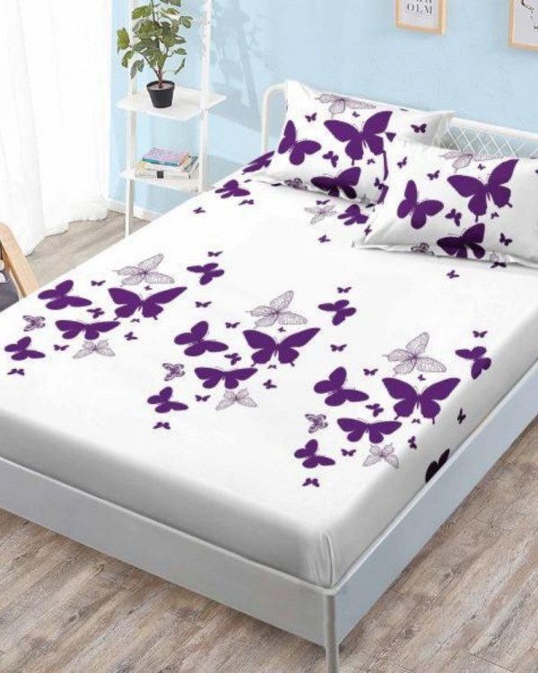 Husa de pat cu elastic si 2 fete de perna, tesatura tip finet, pat 2 persoane, alb / violet, HBFJ-66