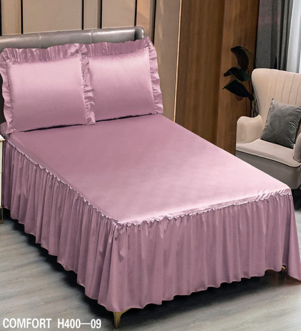 Husa de pat cu volan, material tip saten, pat 2 persoane, roz, H400-09