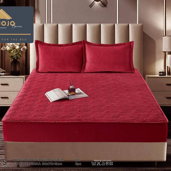 Husa de pat matlasata si 2 fete de perne din catifea, cu elastic, model tip topper, pat 2 persoane, rosu, HTC-02