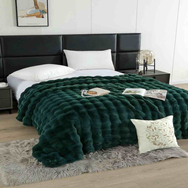 Jo-Jo Home, Patura premium din blanita artificiala de iepure, 200x230 cm, verde inchis, cu fermoar, PBIF-04