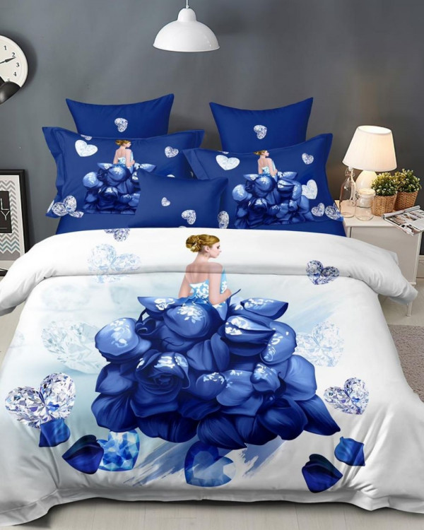Lenjerie de pat cu 2 fete, imprimeu 3D, tesatura tip finet, pat 2 persoane, albastru / alb, 6 piese, A2-18