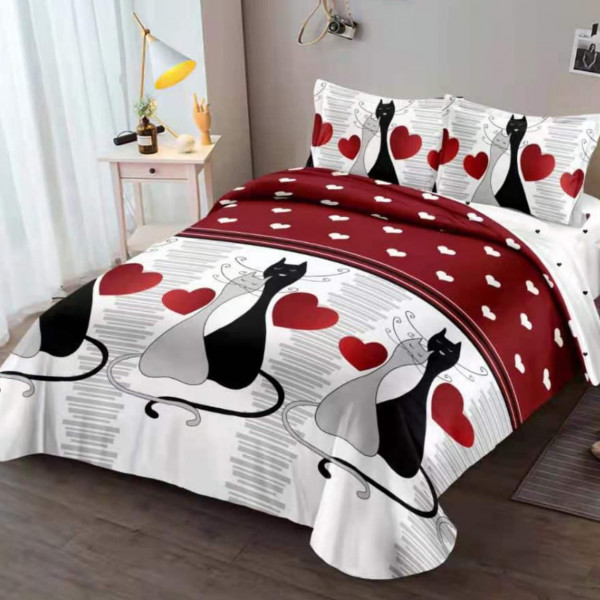 Lenjerie de pat cu elastic, policoton, pat 2 persoane, rosu / alb, 4 piese, R4E-11