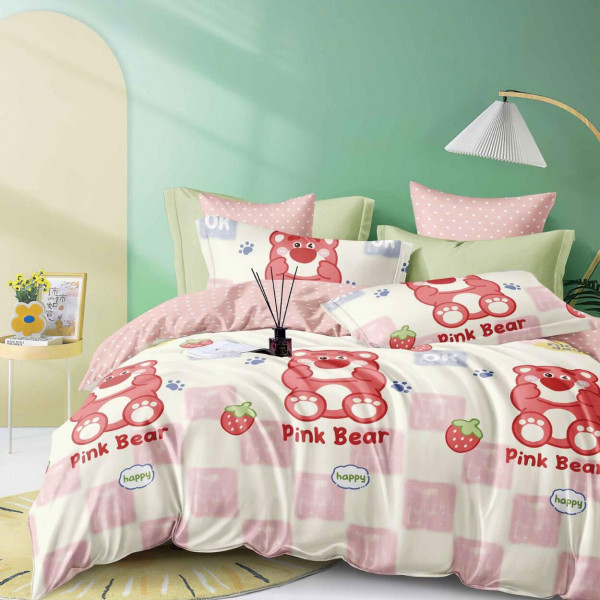 Lenjerie de pat cu elastic, tesatura tip finet, pat 2 persoane, 6 piese, roz, FNJE-146