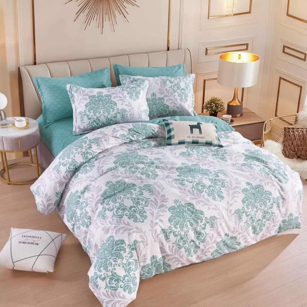 Lenjerie de pat cu elastic, tesatura tip finet, pat 2 persoane, 6 piese, alb / turquoise, FNJE-167