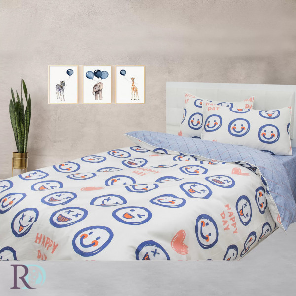 Lenjerie de pat pentru copii, 100% bumbac, tesatura satin, alb / albastru, Roxyma Dream Smiley
