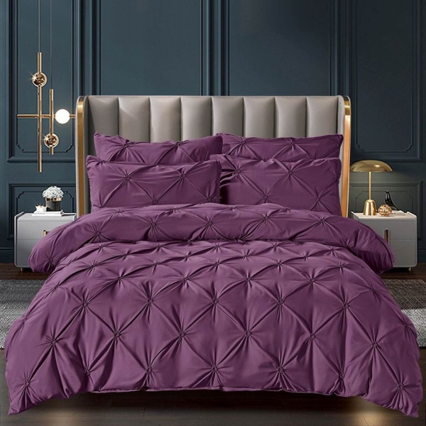 Lenjerie de pat uni cu elastic, tesatura tip finet, pat 2 persoane, 6 piese, violet, FNJS-11
