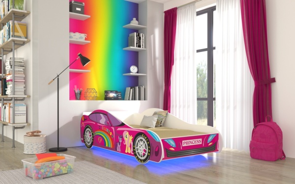 Pat copii cu lumina LED, cu saltea din spuma si somiera incluse, Car Pink, ADRK Furniture - Img 1