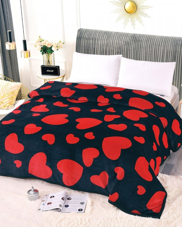 Patura Cocolino Simpla cu Bordura, 200 x 230 cm, Red Hearts on Black, PJ-03