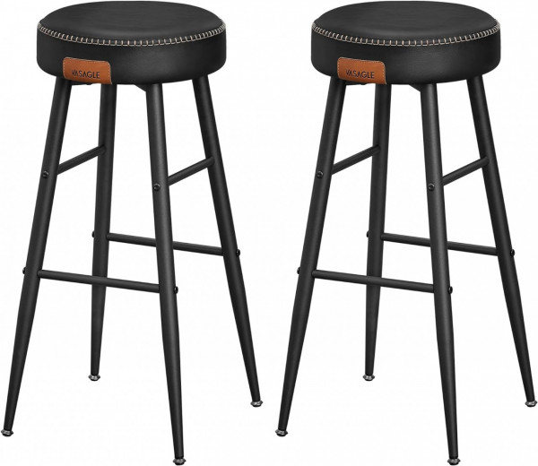 Set 2 scaune bar, diametru 33 cm, piele ecologica / metal, negru, Vasagle