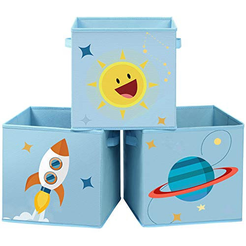 Set 3 cutii depozitare pentru copii, 30 x 30 x 30 cm, textil, albastru, Songmics