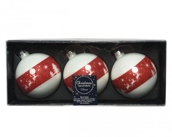 Set 3 globuri Santa w reindeer, Decoris, Ø8 cm, sticla, alb/rosu