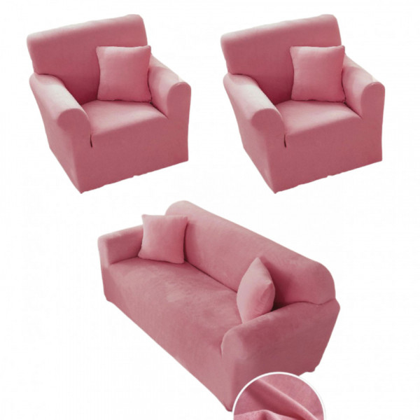Set huse elastice din catifea pentru canapea 3 locuri + 2 fotolii, cu brate, roz inchis, HCCJS-13 - Img 1