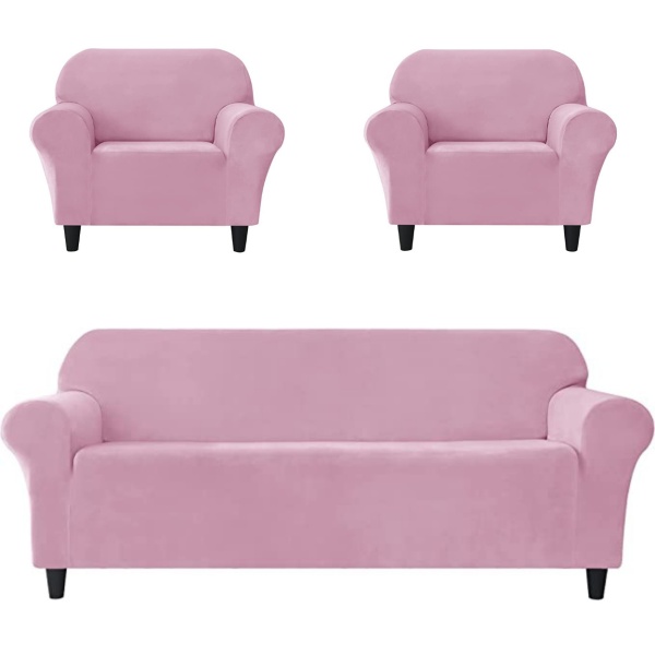Set huse elastice din catifea pentru canapea 3 locuri + 2 fotolii, cu brate, roz, HCCJS-08 - Img 1