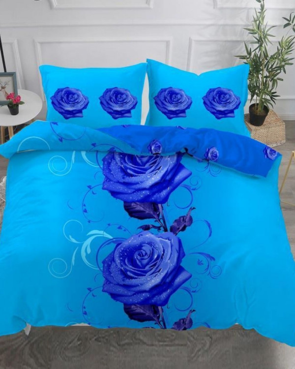 Set Lenjerie Bumbac Satinat Superior, 4 Piese, Pat 2 Persoane, Blue Rose