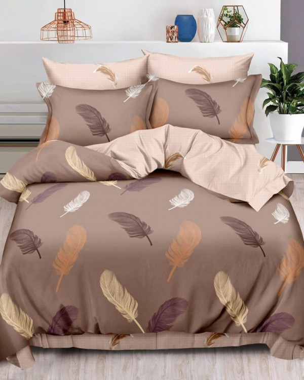 Set Lenjerie de Pat, Bumbac Tip Finet, 6 Piese, Pat 2 Persoane, Maro, Brown Feathers, FN-511