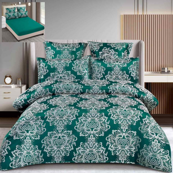 Set lenjerie de pat cu elastic, bumbac tip jacquard, 6 piese, pat 2 persoane, verde inchis, T3-07 - Img 1