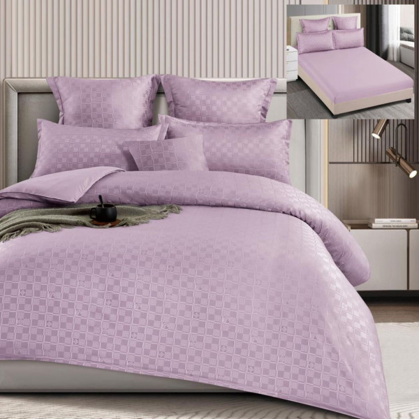 Set lenjerie de pat cu elastic, model embosat, bumbac tip finet, uni, 6 piese, pat 2 persoane, lila, T4-07