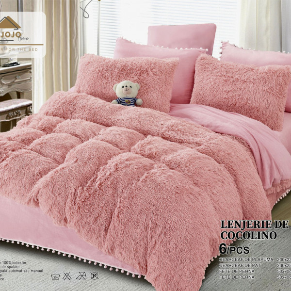 Set Lenjerie de Pat Dublu, Cocolino Super Pufoasa, 6 Piese, Roz Pal, LLJ-15