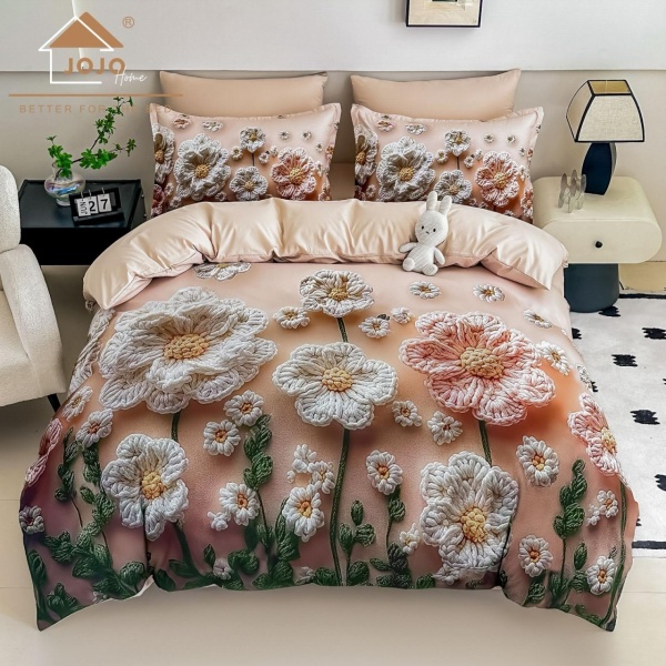 🌼 Lenjerie de Pat 6 Piese Bej Somon | Flori Relief 3D | Imprimeu Digital 5D | Finet Catifelat | Jojo Home