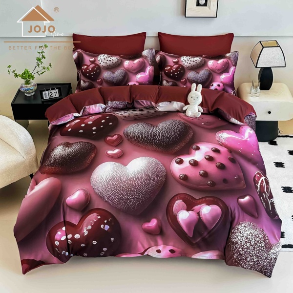 🎁 Lenjerie de Pat 6 Piese Vișiniu | Inimioare Roz & Ciocolatii | Imprimeu Digital 5D | Finet | Jojo Home
