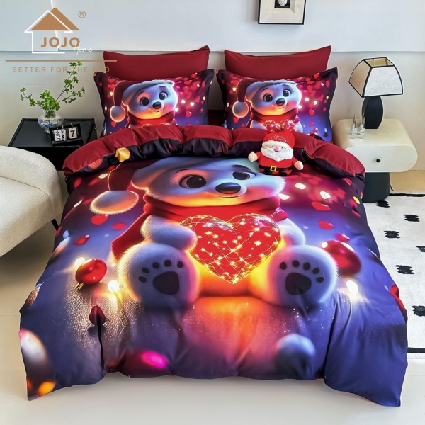 🎄 Lenjerie de Pat 6 Piese Crăciun Vișiniu | Ursuleț cu Inimă Luminoasă | Imprimeu Digital 5D | Finet | Jojo Home