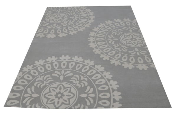 Covor Mandala Bedora, 200x300 cm, 100% lana, gri, finisat manual