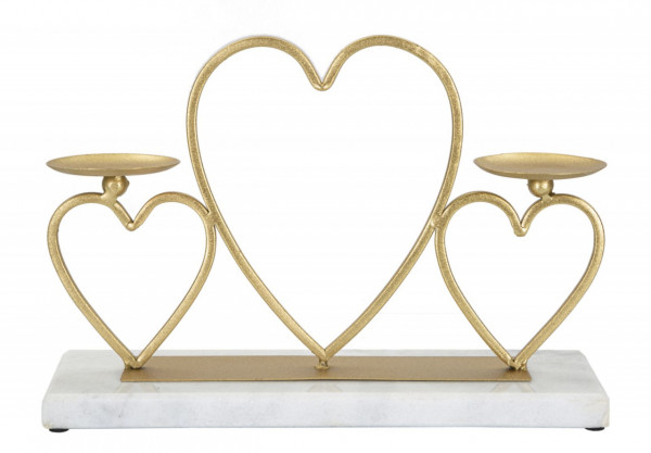 Decoratiune cu suport pentru lumanare aurie din metal si marmura, 30x9x20 cm, Hearts Mauro Ferretti