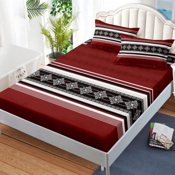 Husa de pat cu elastic si 2 fete de perna, bumbac finet, pat 2 persoane, rosu bordo, HBFJ-165