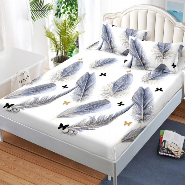 Husa de pat cu elastic si 2 fete de perna, bumbac tip finet, pat 2 persoane, alb / albastru, HBFJ-188